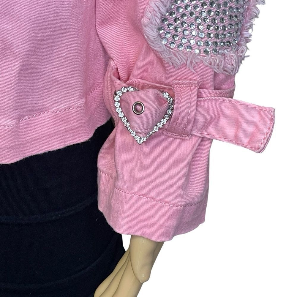 Quacker Factory Denim Button Down Jacket Distressed Rhinestone Hearts Pink S - Picture 4 of 15
